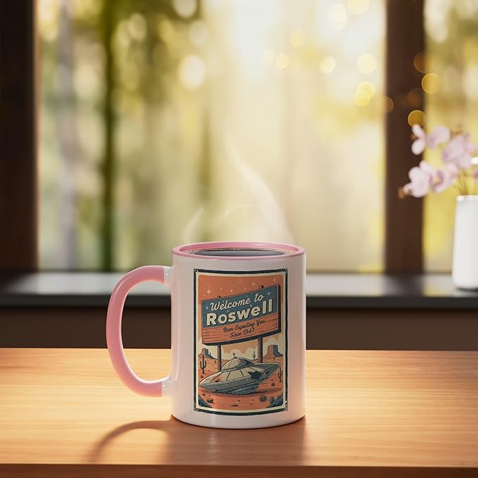 Roswell UFO Retro Tourism Souvenir Flying Saucer Crash Alien Ceramic Mug, Pink/White