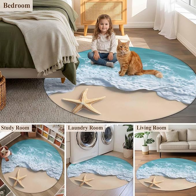 Washable Round Area Rug Beach Starfish Teal Sea Water Circle Rugs Floor Carpet for Living Room Bedroom, Summer Ocean Theme Soft Non Slip Round Rug 3ft
