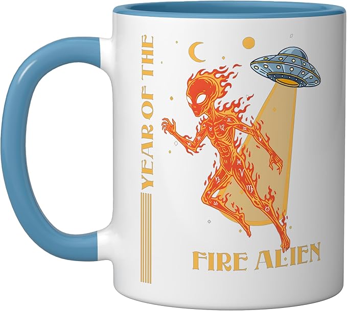 Year of the Fire Alien Chinese Zodiac Celestial Astrology Ceramic Mug, Blue/White