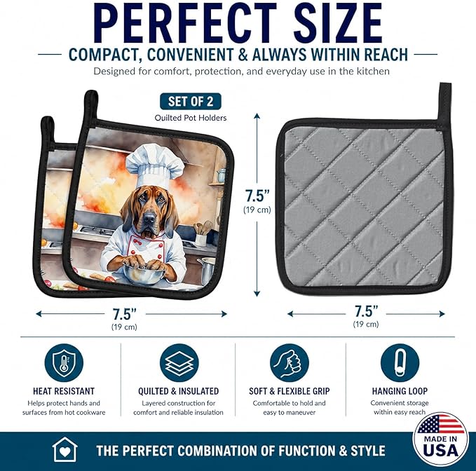 Caroline's Treasures Bloodhound The Chef Pair of Pot Holders Kitchen Heat Resistant Pot Holders Sets Oven Hot Pads for Cooking Baking BBQ, 7 1/2 x 7 1/2