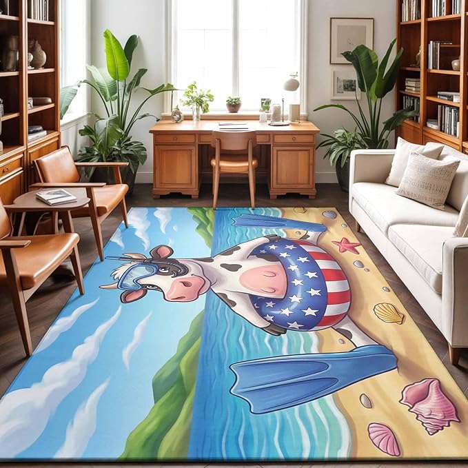 Area Rug 8x10ft, Summer Beach Snorkeling Cow Washable Rugs for Living Room Bedroom, Ocean Starfish Funny Animal Art Soft Non-Slip Area Rugs Rectangle Floor Carpet for Dining Room