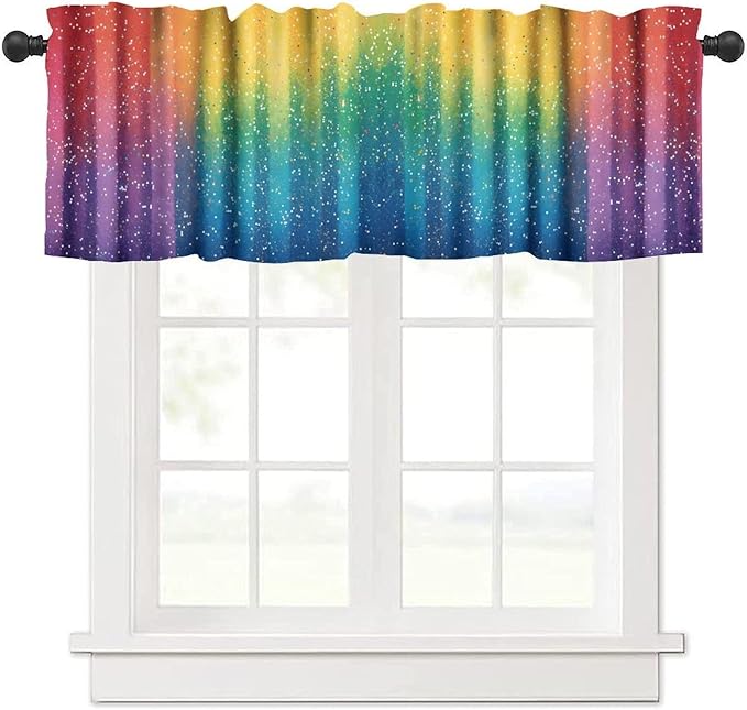 Rainbow Glitter Valance, Kids Colorful Magical Sparkle Art Short Rod Pocket Window Drapes for Kitchen Dining Room Bedroom Home Decor, 54x18Inch