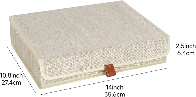 Photo Storage Boxes with Lids, Memory Box for Keepsakes, Picture Organizer Versatile Linen Containers Basket Collapsible Bin for Organizing Home Office, 2 Pack, 14x10.8x2.5 Inch, Beige