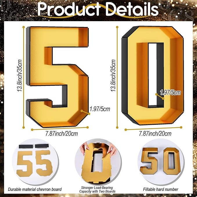 50 Cardboard Numbers for Charcuterie Fillable 13.8'' Black Gold Paper Mache Number Shaped Cupcake Pans Board Box Trays Container for Food Candy 50th Birthday Party Decorations Anniversary