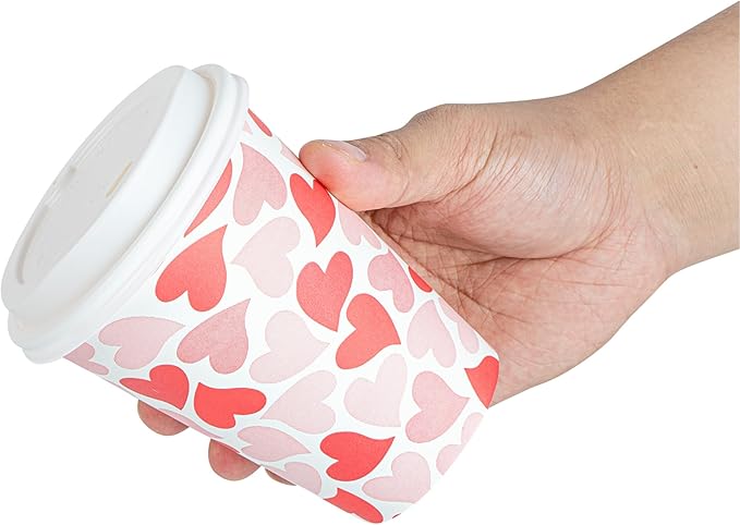 Restaurantware-Restpresso 12 Ounce Disposable Coffee Cups, 20 Valentine’s Day Cups With Plastic Lids - Red And Pink Heart Print, Rolled Rim, Paper To Go Cups, Single Wall, Serve Hot And Cold Drinks
