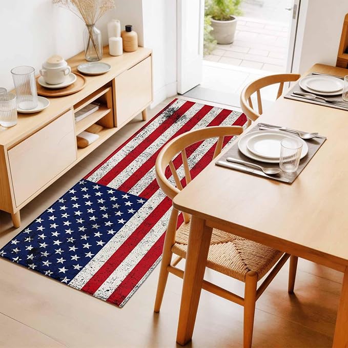 Runner Rug for Bedroom Hallway, Independence Day Stars Stripes Retro Kitchen Runner Rugs Area Rug 2x6ft, Patriotic Flag Red Blue Washable Soft Floor Carpet for Entryway Stair