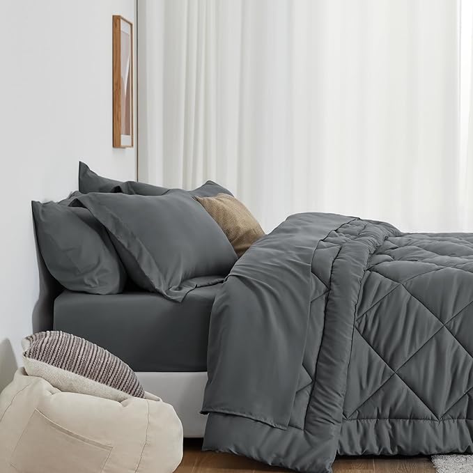 Love's cabin Twin Comforter Set Dark Grey, 5 Pieces Twin Bed in a Bag, All Season Bedding Sets with 1 Comforter, 1 Flat Sheet, 1 Fitted Sheet, 1 Pillowcase and 1 Pillow Sham | Soft, Breathable, Lightweight, Comfortable