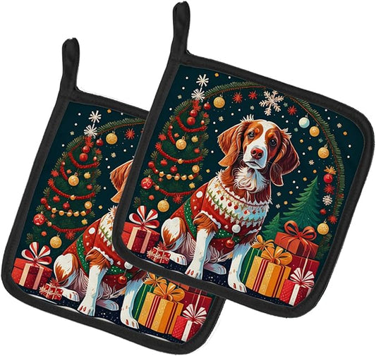 Caroline's Treasures Brittany Spaniel Christmas Pair of Pot Holders Kitchen Heat Resistant Pot Holders Sets Oven Hot Pads for Cooking Baking BBQ, 7 1/2 x 7 1/2