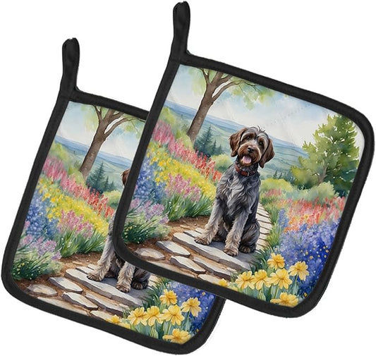Caroline's Treasures Wirehaired Pointing Griffon Spring Path Pair of Pot Holders Kitchen Heat Resistant Pot Holders Sets Oven Hot Pads for Cooking Baking BBQ, 7 1/2 x 7 1/2