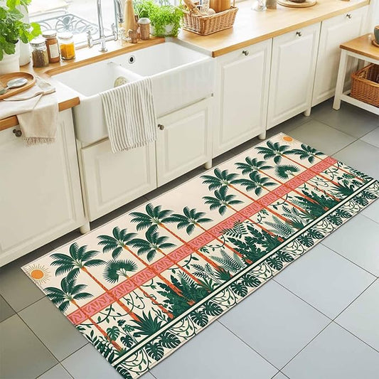 Runner Rug for Bedroom Hallway, Vintage Sage Green Tall Palm Trees Kitchen Runner Rugs Area Rug 2x6ft, Summer Tropical Plants Washable Soft Floor Carpet for Entryway Stair