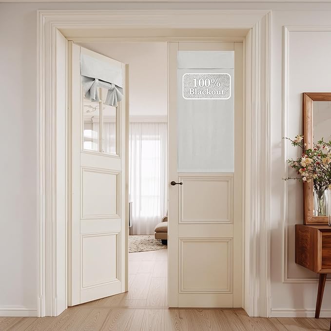 NICETOWN 100% Blackout Linen Door Curtains for Small Window, Privacy French Door Blinds 40 Inches Long for Kitchen Living Room, Room Darkening Tie Up Shade, 1 Panel, 26W x 40" L, Greyish White