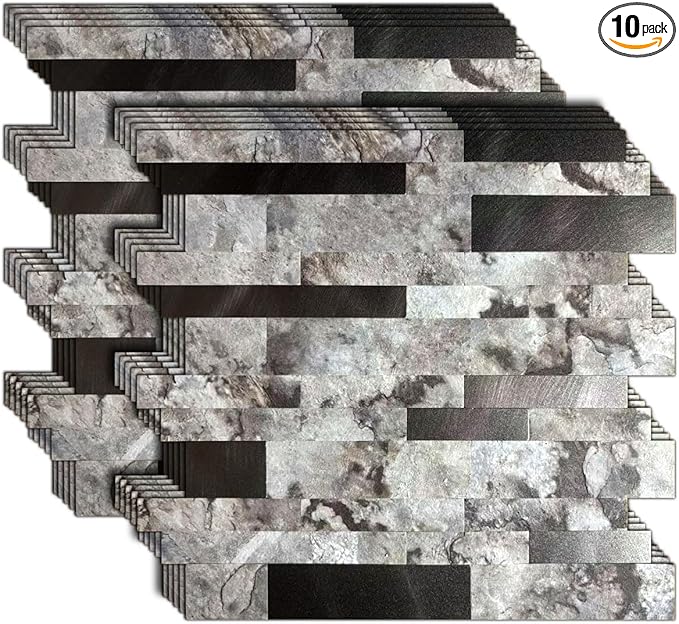 10-Sheet Peel and Stick Backsplash Tile, PVC Mixed Meta,l Stick on Kitchen, Bathroom Vanities, Fireplace Décor, Laundry Table(11.2" X 12.7") (10, Darken Coffee+Frosted Grey)