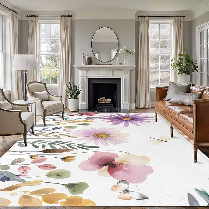 Area Rug 6x9ft, Country Field Purple Flowers Washable Rugs for Living Room Bedroom, Farm Floral Art Soft Non-Slip Area Rugs Rectangle Floor Carpet for Dining Room
