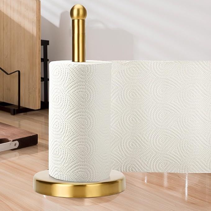 Paper Towel Holder Countertop, Brushed Gold Paper Towel Holder Stand Papertowel Holder with Stable Weighted Base, Free Standing Paper Towel Roll Holder for Kitchen Bathroom