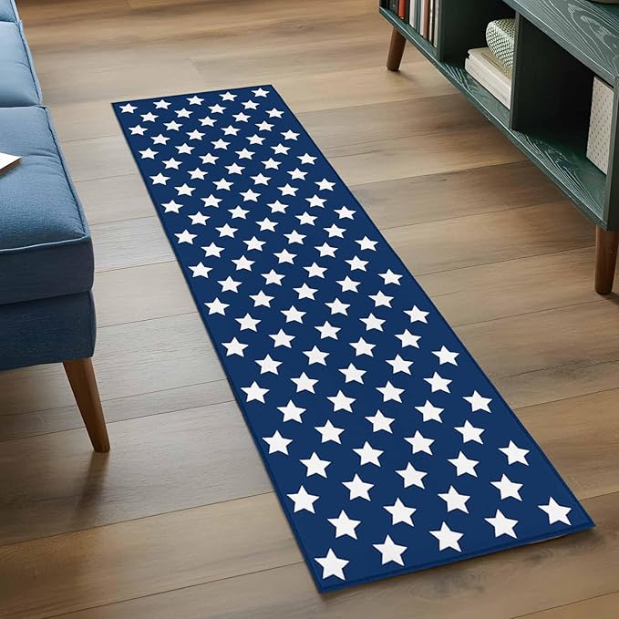 Runner Rug for Bedroom Hallway, 4th of July White Star on Navy Blue Kitchen Runner Rugs Area Rug 2x6ft, Independence Freedom Liberty Washable Soft Floor Carpet for Entryway Stair