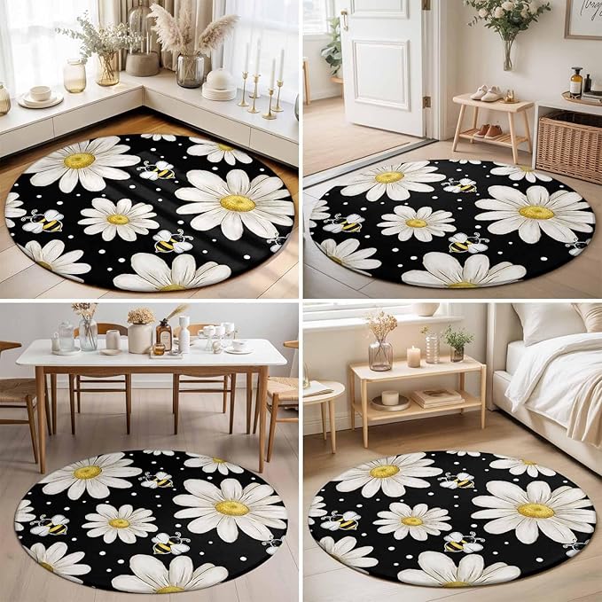Washable Round Area Rug Watercolor White Floral Daisy Bee Circle Rugs Floor Carpet for Living Room Bedroom, Blossom Flower on Black Soft Non Slip Round Rug 3ft