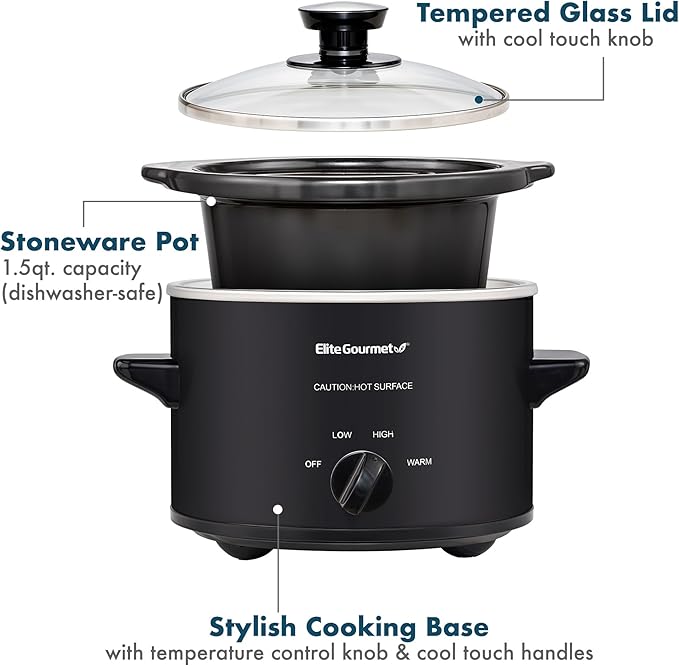 Elite Gourmet MST-250XBX Electric Slow Cooker Ceramic Pot, with Adjustable Temp, Entrees, Sauces, Soups, Roasts, Stews & Dips, Dishwasher Safe (1.5 Quart, Black)