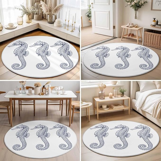 Washable Round Area Rug Summer Light Blue Seahorse Circle Rugs Floor Carpet for Living Room Bedroom, Underwater Ocean Animals Soft Non Slip Round Rug 5ft