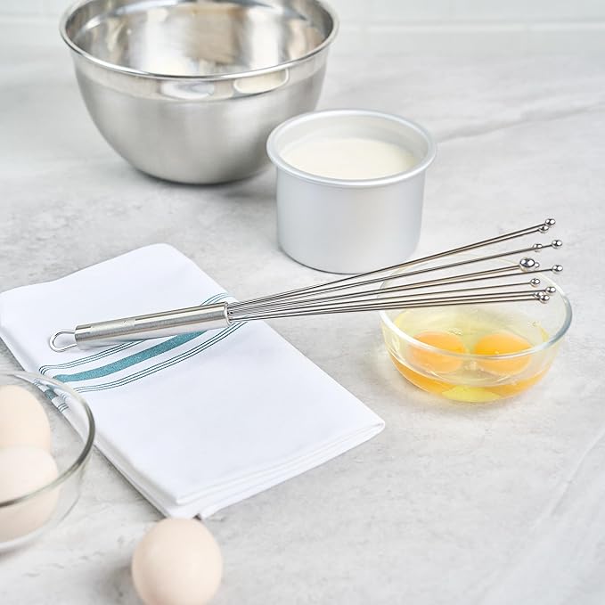 Restaurantware 12.5 in Stainless Steel Ball Whisk - German Standard Egg Beater with Ergonomic Handle, Dishwasher Safe - Manual Mixer Cooking Whisk for Baking, Stirring, Sauces, Beating