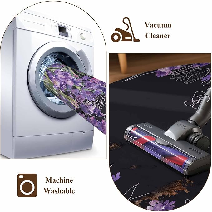Washable Round Area Rug Spring Purple Lavender Flower Circle Rugs Floor Carpet for Living Room Bedroom, Watercolor Floral on Black Soft Non Slip Round Rug 5ft