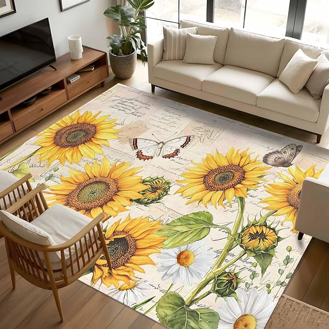 Sunflower Farmhouse 8x10 Area Rugs, Retro Floral Butterflies Non-Skid Rubber Backing Large Rectangle Rugs - Living Room Bedroom Home Office, Spring Summer Indoor Floor Mat Carpets Washable Rug