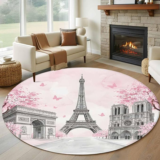 Washable Round Area Rug Modern Pink Flower Paris Landmarks Circle Rugs Floor Carpet for Living Room Bedroom, Towel Architecture Soft Non Slip Round Rug 5ft