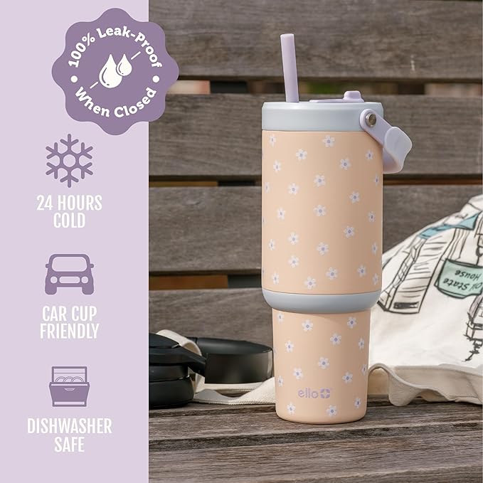Ello Oasis Go+ 26oz Tumbler with Top Handle and Retracting Straw | Reusable Insulated Stainless Steel Cup, 100% Leakproof Water Bottle, 24 Hours Cold, Cup Holder Friendly For Travel | Daisies