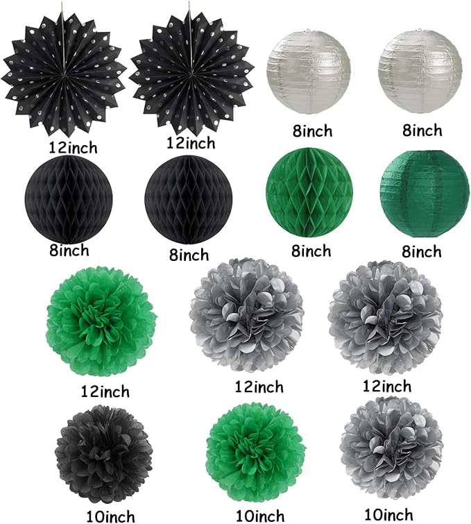 Black-Green Silver Party-Decorations Streamers Lanterns - 14pcs Graduation 2026 Paper Lanterns Fan,Tissue Pom Poms Streamer,Honeycomb Balls,Soccer Supplies Men Boys Birthday Baby Shower Decor Ouruola