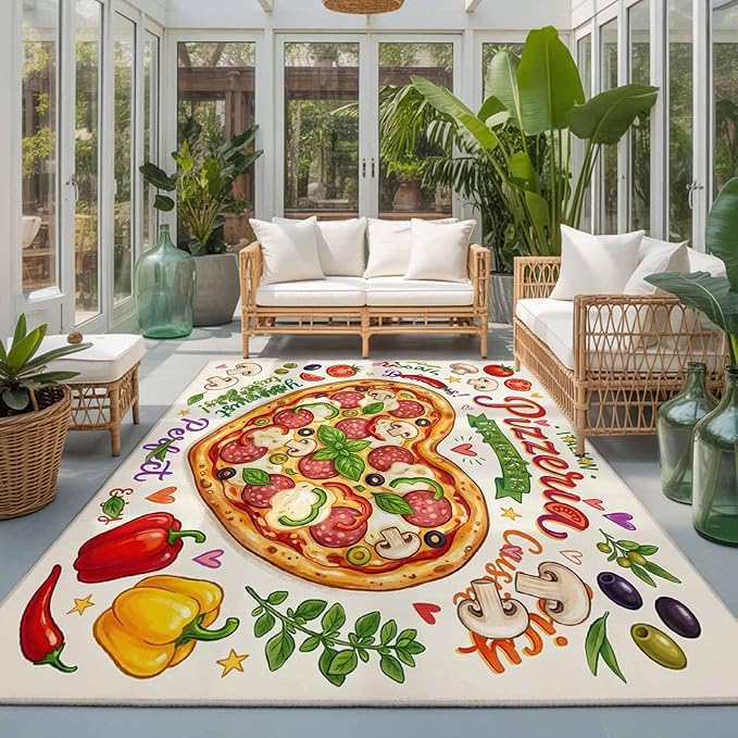 Area Rug 3x5ft, Cartoon Pizza Watercolor Graffiti Washable Rugs for Living Room Bedroom, Farmhouse Vegetable Leaves Soft Non-Slip Area Rugs Rectangle Floor Carpet for Dining Room