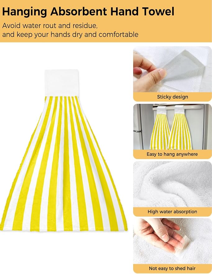 Alandar Home Kitchen Tie Towel Set of 1, Minimalist Modern Yellow White Stripe Absorbent Soft Hand Towels for Bathroom Hanging Towels, Simple Line Texture Fast Drying Cleaning Cloth with Loop