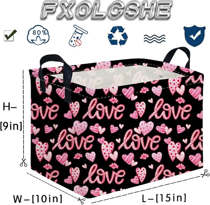 Rectangular Black heart,Valentines Basket,baby Gift Basket Empty,Pink Gift baskets with Handle Organizer,Hearts Print easter Baskets,Girl Room Decor(Sweet love)