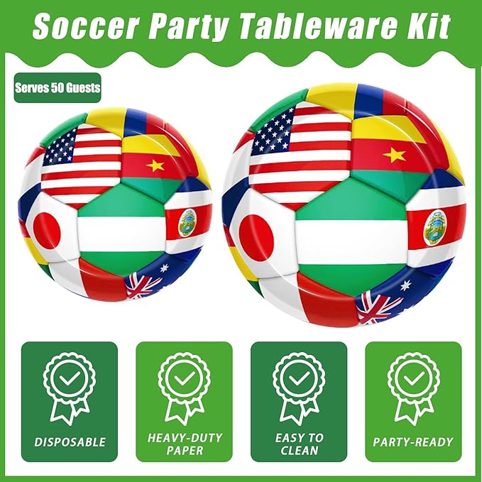 200Pcs World Cup Party Tableware Set, 2026 Soccer Ball Party Decorations Soccer Sports Events Festivals Supplies for International World Flags Disposable Paper Plates Napkins Forks Favors, Serve 50