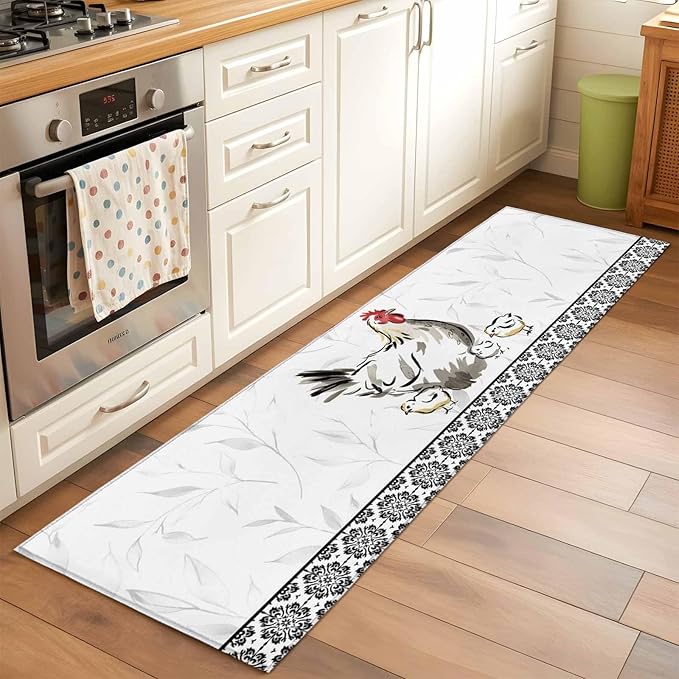 Runner Rug for Bedroom Hallway, Country Farmhouse Rooster Kitchen Runner Rugs Area Rug 2x6ft, Watercolor Animal Flower Pattern Washable Soft Floor Carpet for Entryway Stair