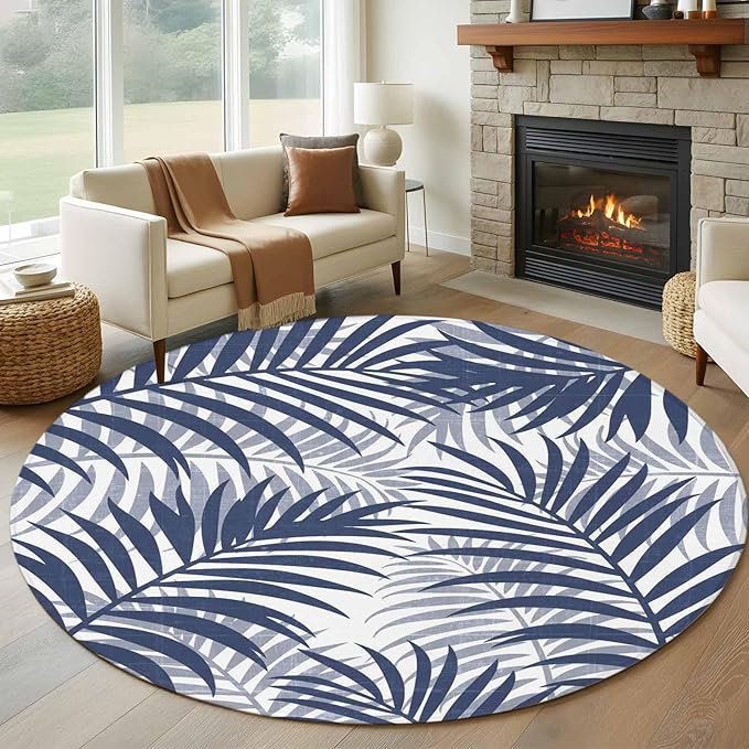 Washable Round Area Rug Abstract Navy Blue Palms Leaves Circle Rugs Floor Carpet for Living Room Bedroom, Summer Botantical Soft Non Slip Round Rug 5ft