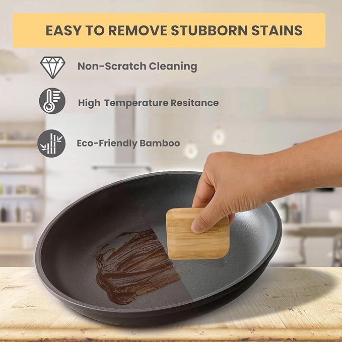 Bamboo Pan Scraper Tool (Pack of 6), Size 2.8" x 2.4" Eco-Friendly Pot Scraper,Clean Pans, Dishes, Bowls, and Plates, Removes Food Effectively Without Scratching