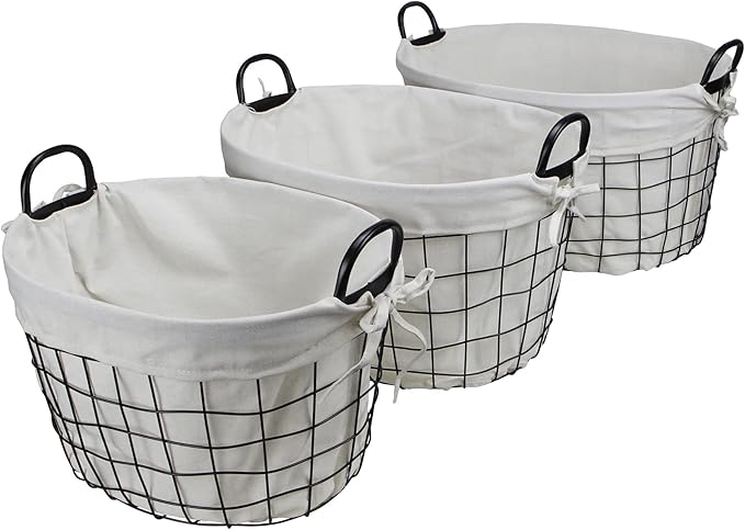 Set of 3 Lined Metal Wire Oval Basket with Handle
