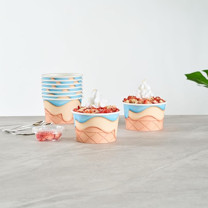 Restaurantware Ice Cream Cups 50 Pack of 8 oz Leak-Resistant Disposable Dessert Bowl Frozen Yogurt Cup Round Paper Container For Cold And Hot Desserts