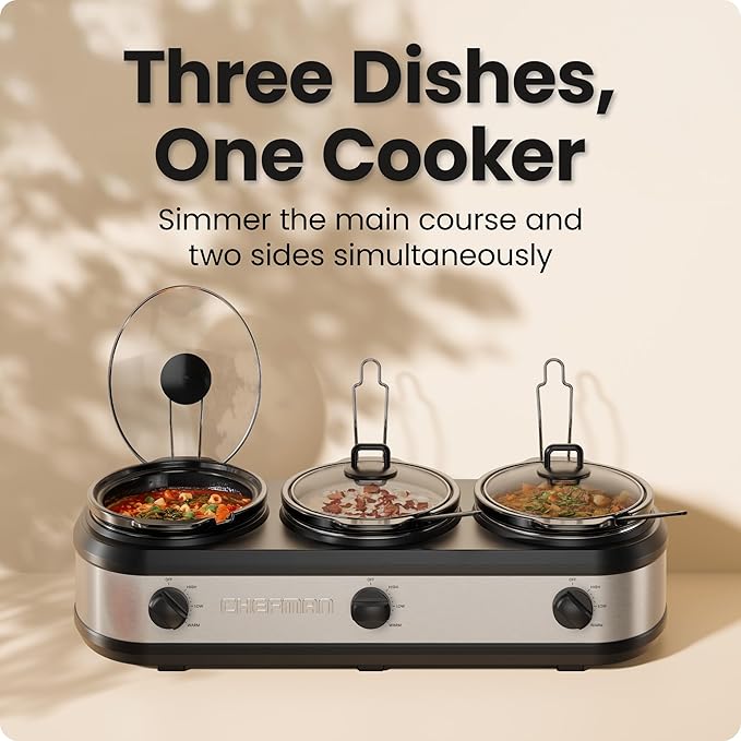 Chefman Triple Slow Cooker & Food Warmer, Three Crock Slowcooker with 2.5 Qt. Ceramic Crocks, 7.5-Quart Total Capacity, PFAS-Free, Three Temperature Settings, Dishwasher-Safe Parts – Stainless Steel