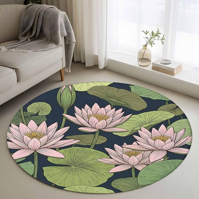 Washable Round Area Rug Pink Lotus Water Lily Dark Green Leaves Circle Rugs Floor Carpet for Living Room Bedroom, Oriental Style Soft Non Slip Round Rug 3ft