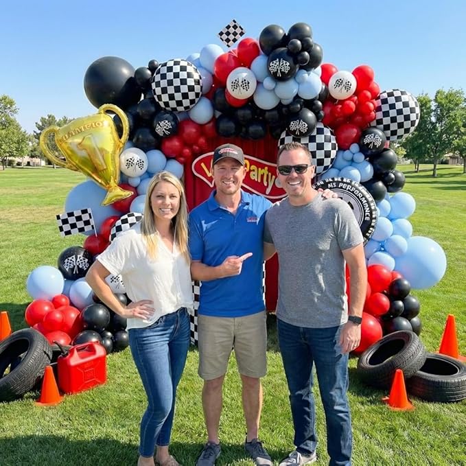 Race Car Balloons Arch Kit -162Pcs Trophy, Flags, Tire, Checkered, Wheels and Red Black Blue Balloon Garland Kit for Racing Car Theme Two Fast 2nd One Theme 1st Boy Birthday Party Decorations