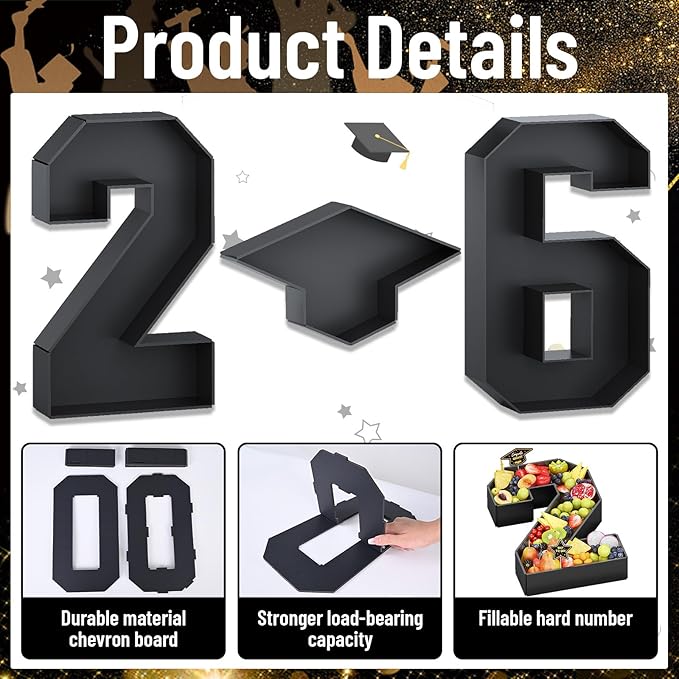 26 Fillable Number for Charcuterie with Grad Cap Shaped Cardboard Tray Black 2026 Graduation Party Decorations 13.8'' Pre-cut Board Storage Decorative Paper Mache Box College Grad Table Supplies