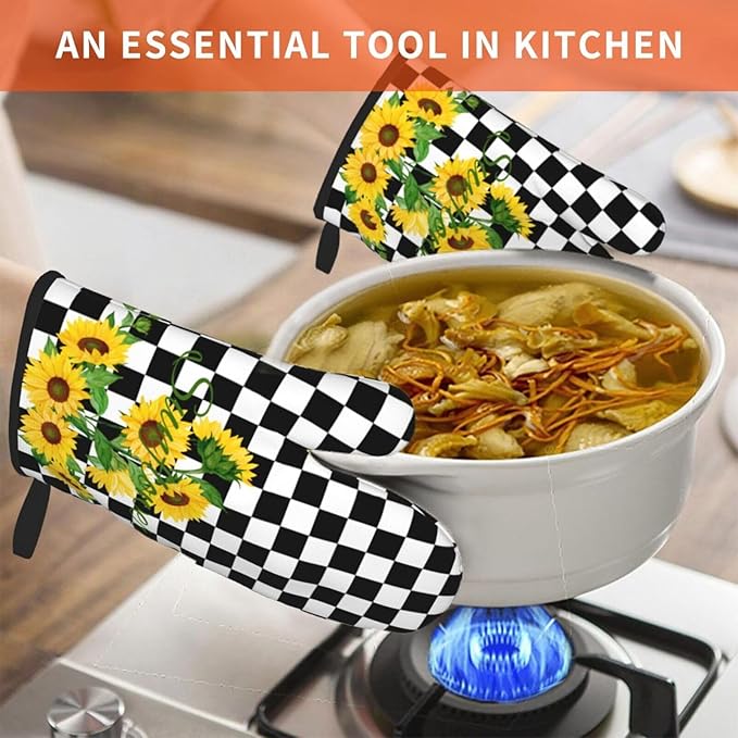 Sunflower Oven Mitts of 2-Pack Set, Funny Kitchen Gloves Heat Resistant Non-Slip Kitchen Mitts Safe Cooking Baking Grilling