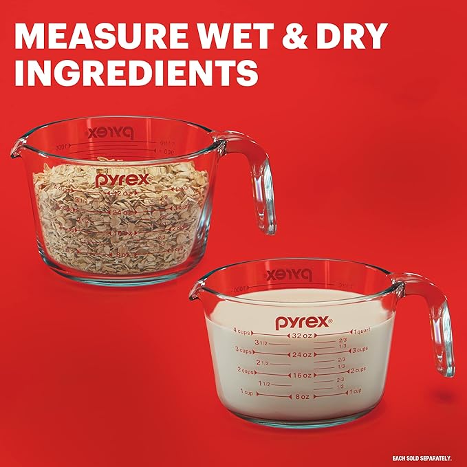 Pyrex 4-Cup Glass Measuring Cup For Baking and Cooking, Dishwasher, Freezer, Microwave, and Preheated Oven Safe, Essential Kitchen Tools (Pack of 2)