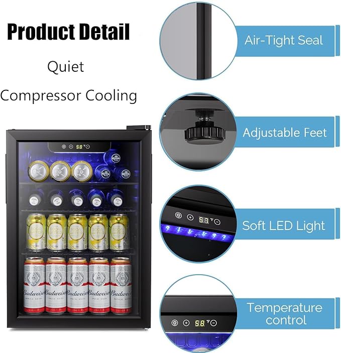 Antarctic Star Beverage Refrigerator Cooler-95 Can Mini Fridge Glass Door for Soda Beer Wine Stainless Steel Glass Door Small Drink Dispenser Digital Display for Home, Office Bar,2.4cu.ft