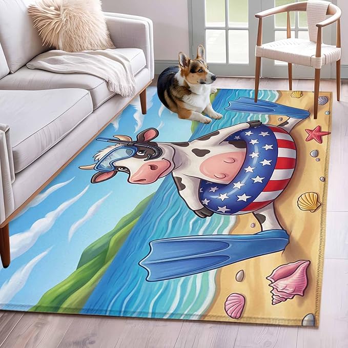 Area Rug 4x6ft, Summer Beach Snorkeling Cow Washable Rugs for Living Room Bedroom, Ocean Starfish Funny Animal Art Soft Non-Slip Area Rugs Rectangle Floor Carpet for Dining Room