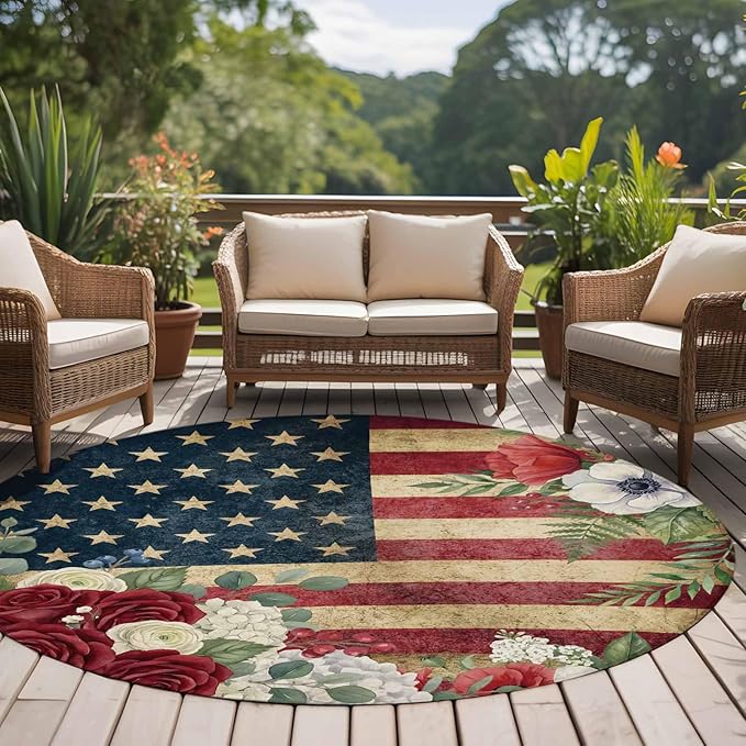 Washable Round Area Rug Independence Day 250th Anniversary Circle Rugs Floor Carpet for Living Room Bedroom, Vintage USA Flag Floral Soft Non Slip Round Rug 5ft
