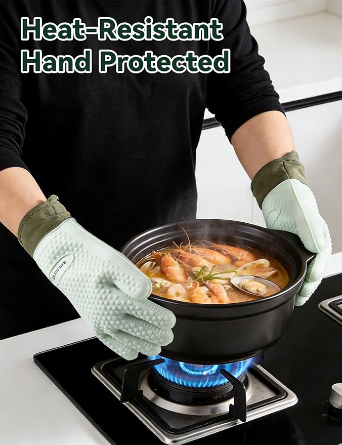 Silicone Oven Mitts with Five-Finger Design, Extended Cuff & Soft Cotton Lining – Heat Resistant, Waterproof, Non-Slip Oven Gloves for Baking, Cooking, Grilling, Safe Grip on Hot Cookware - Green