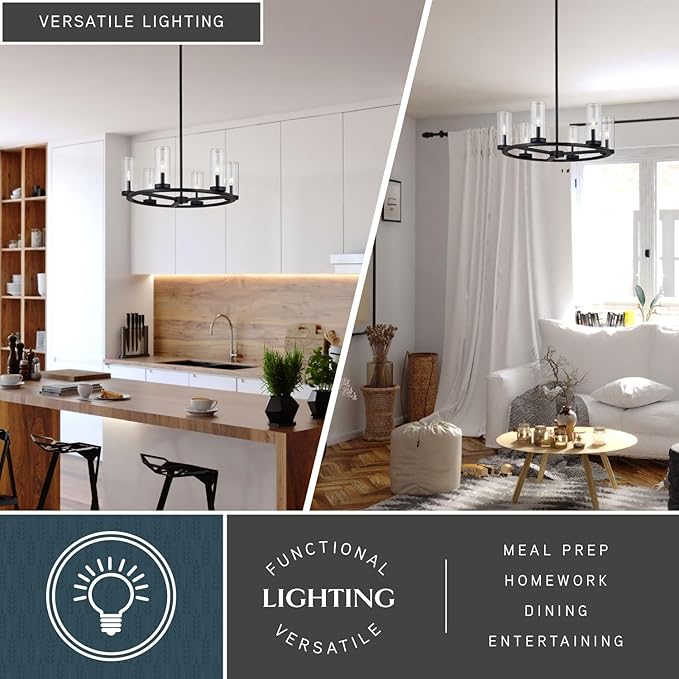 VAXCEL Grantley 6 Light Matte Black Wheel Chandelier Fixture Clear Glass Shade, LED Compatible, Damp Rated