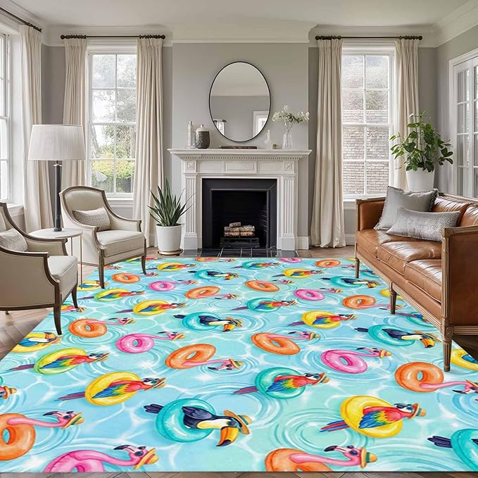Area Rug 8x10ft, Summer Pool Float Swim Rings Washable Rugs for Living Room Bedroom, Tropical Flamingo Birds Soft Non-Slip Area Rugs Rectangle Floor Carpet for Dining Room