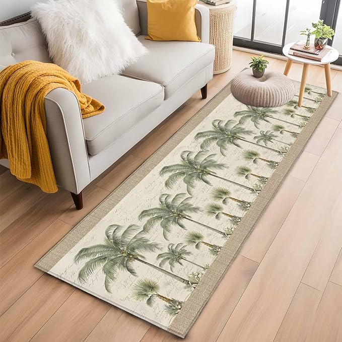 Runner Rug for Bedroom Hallway, Coastal Tropical Olive Green Palm Trees Kitchen Runner Rugs Area Rug 2x6ft, Classic Retro Linen Washable Soft Floor Carpet for Entryway Stair